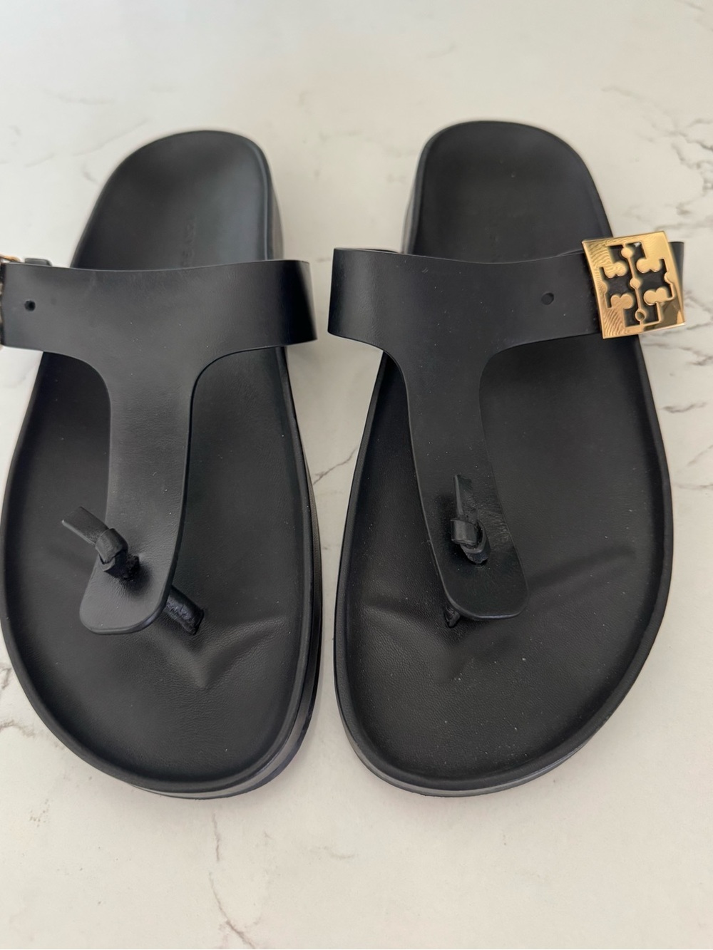 Tory Burch Black Leather Mellow T-Strap Sandals - Picture 2 of 6